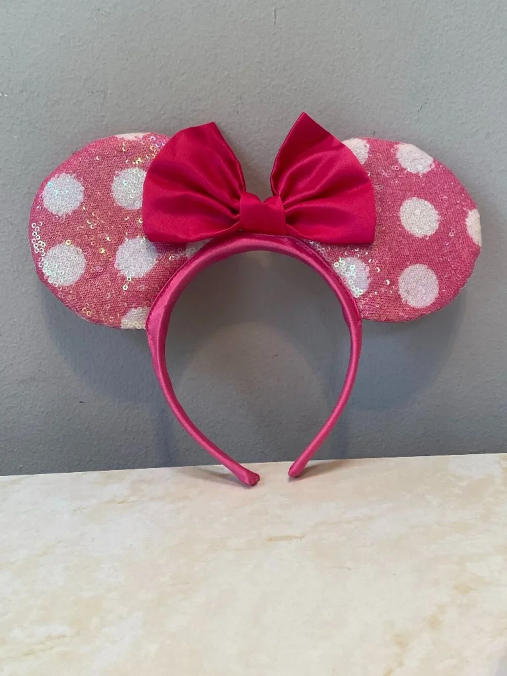 Disney Junior Minnie Mouse Pink White Polka Dot Sequin Ears Headband
